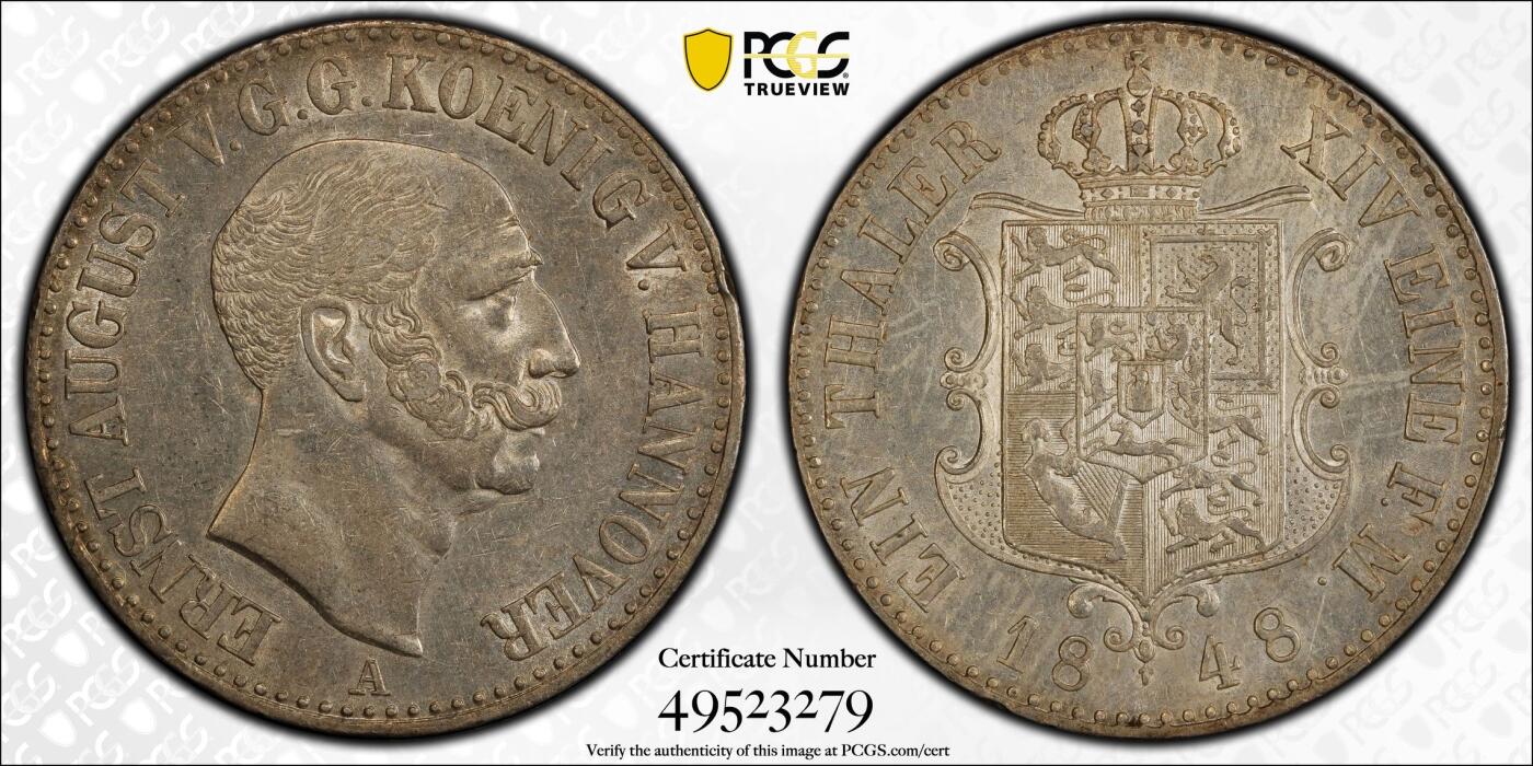 万国钱币拍卖第051期 PCGS AU55 1848汉诺威奥古斯特英式盾徽1泰勒 早期大规格协议泰勒 原味状态