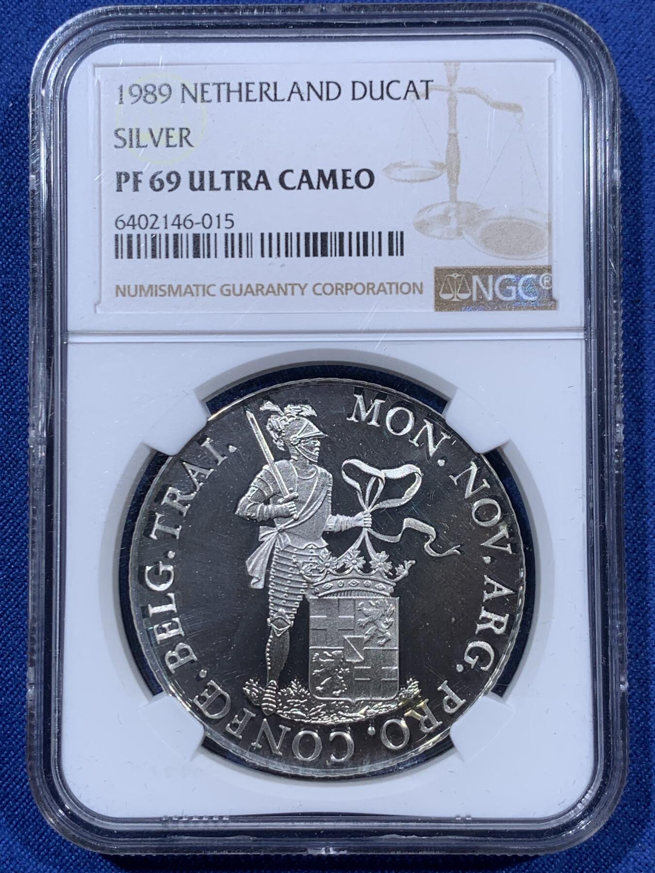 《竞宝斋》第409场 周日，周一，2场连拍 （全场包邮） NGC PF69UC 荷兰1989年乌特勒支站人武士1杜卡特复刻银币（荷兰皇家造币厂官方重铸每年都有发行，1989为首年版，盒证齐全，冠军分品相）