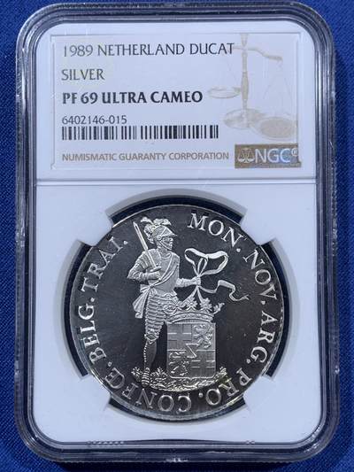 《竞宝斋》第409场 周日，周一，2场连拍 （全场包邮） NGC PF69UC 荷兰1989年乌特勒支站人武士1杜卡特复刻银币（荷兰皇家造币厂官方重铸每年都有发行，1989为首年版，盒证齐全，冠军分品相）