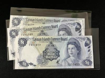 咖啡豆•收藏 2025年Aug_23th世界各国纸币拍卖 - 3枚 开曼 1971年 1元 全新UNC 外国纸币 女王钞