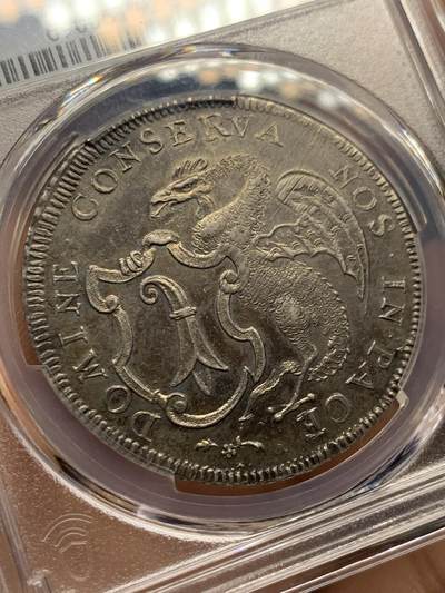 《竞宝斋》第409场 周日，周一，2场连拍 （全场包邮） PCGS AU 瑞士1765年巴塞尔IH版 1泰勒大银币 原味老包浆 细节丰富