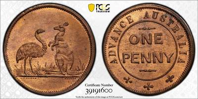 万国钱币拍卖第051期 - PCGS MS65 1850澳大利亚袋鼠与鸸鹋1便士 非常有趣的品种 集合了澳大利亚本土最具代表性的两个物种 原味红铜转光 顶级品相 PC唯一冠军分