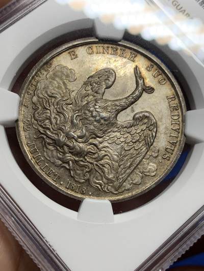 《竞宝斋》第409场 周日，周一，2场连拍 （全场包邮） NGC MS63 法国1818年塞纳火灾互助保险 银章，浴火凤凰圆形少见款