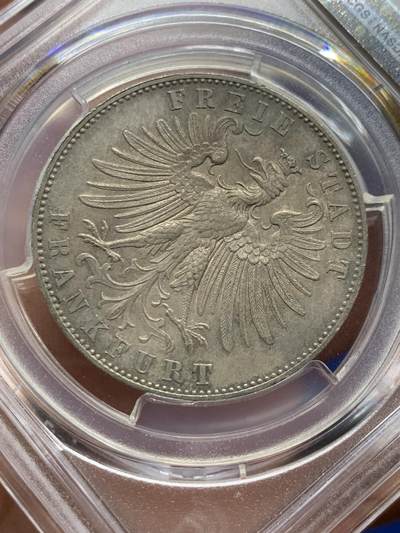 《竞宝斋》第409场 周日，周一，2场连拍 （全场包邮） PCGS PR63 1862年德意志法兰克福精制射击节泰勒，迄今为止精制射击节泰勒在N、P数据库中记录不超过10枚。醇厚的巧克力色包浆与紫罗兰淡彩相得益彰