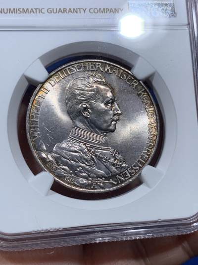 《竞宝斋》第409场 周日，周一，2场连拍 （全场包邮） NGC MS63 德国1913年普鲁士威廉二世花枝3马克银币 转光明显