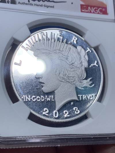 《竞宝斋》第409场 周日，周一，2场连拍 （全场包邮） NGC PF70UC 美国2023年和平银元1美元精制纪念银币，PROOF精制币，高浮雕设计，币面清爽干净又漂亮，打制精美，状态一流，冠军分。