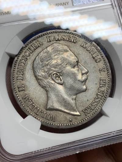 《竞宝斋》第409场 周日，周一，2场连拍 （全场包邮） NGC AU50 德国1907年普鲁士威廉二世5马克银币