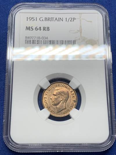 《竞宝斋》第409场 周日，周一，2场连拍 （全场包邮） - NGC MS64RB 英国1951年乔治六世1/2便士铜币