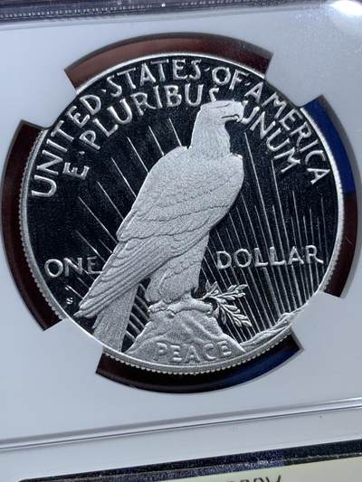 《竞宝斋》第409场 周日，周一，2场连拍 （全场包邮） NGC PF70UC 美国2023年和平银元1美元精制纪念银币，PROOF精制币，高浮雕设计，币面清爽干净又漂亮，打制精美，状态一流，冠军分。