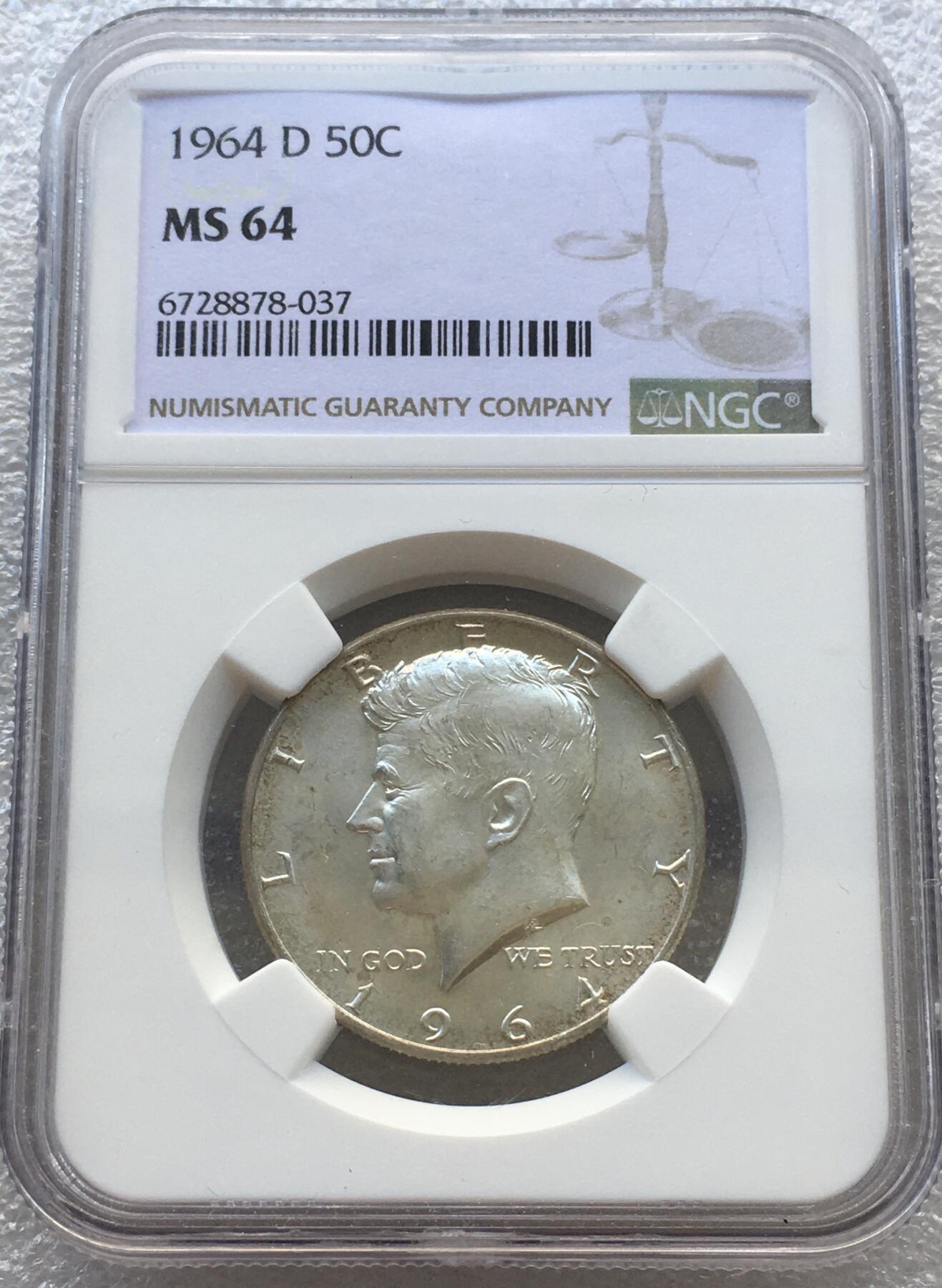 世界钱币专场拍卖 NGCMS63美国1964年肯尼迪半美元银币12.5克90%银