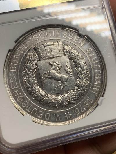 《竞宝斋》第409场 周日，周一，2场连拍 （全场包邮） NGC AU 德国1875年斯图加特联邦射击节纪念银章