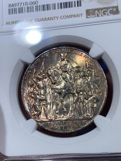《竞宝斋》第409场 周日，周一，2场连拍 （全场包邮） NGC MS63 德国普鲁士1913A战胜拿破仑3马克银币 美丽炫彩包浆
