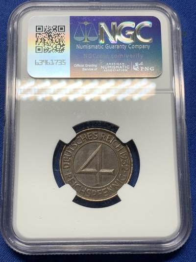 《竞宝斋》第409场 周日，周一，2场连拍 （全场包邮） NGC AU58BN 德国魏玛共和国 1932A 4芬尼 铜币