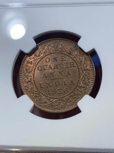 《竞宝斋》第409场 周日，周一，2场连拍 （全场包邮） NGC MS64BN 1936印度1/4安娜铜币 卷拆送评的 绝对低评 性价比很高 底板很好 划痕极少 真正的未使用