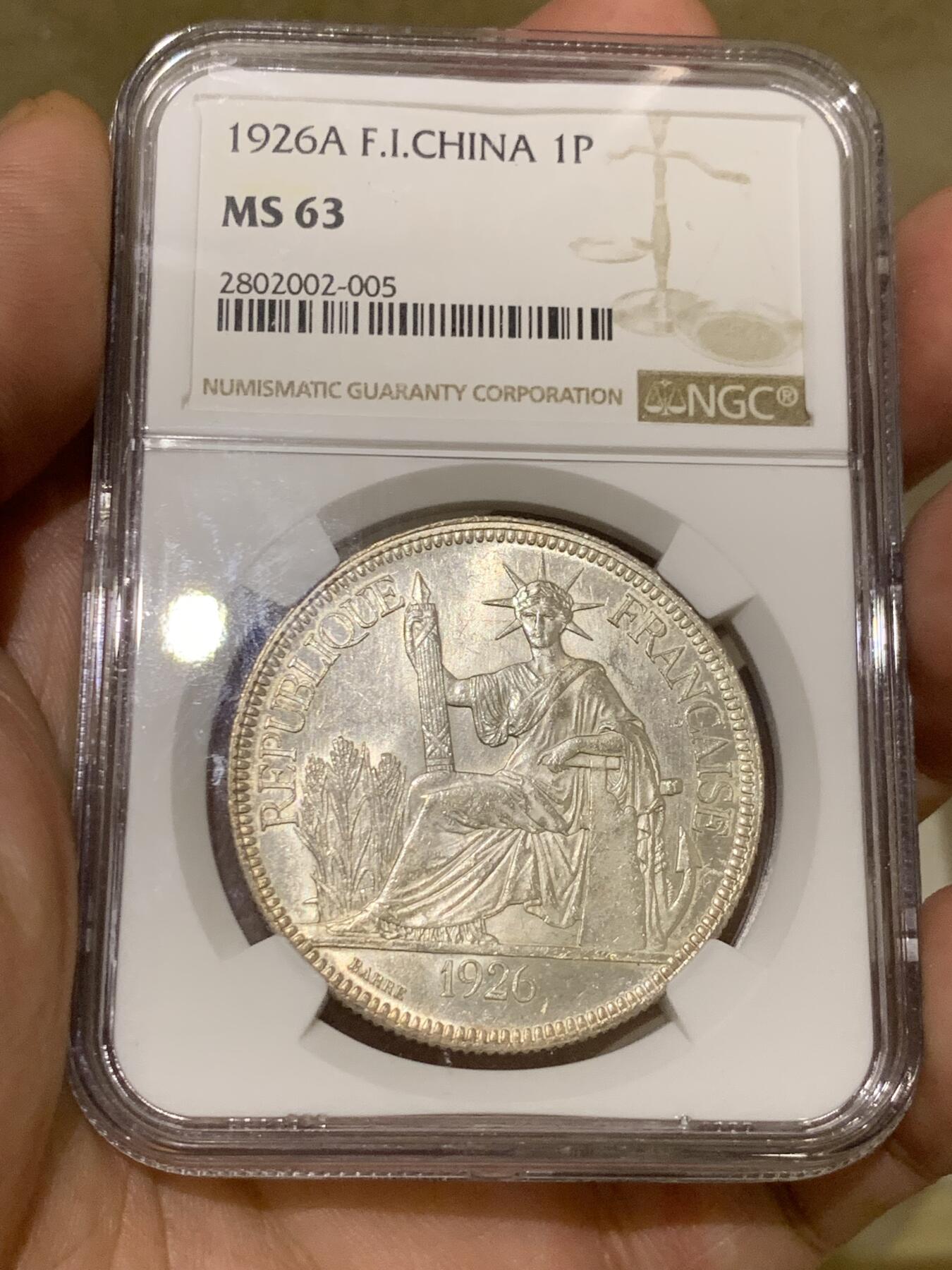 《竞宝斋》第409场 周日，周一，2场连拍 （全场包邮） NGC MS63 法属 1926-A 坐洋 1皮亚斯特 好光好品