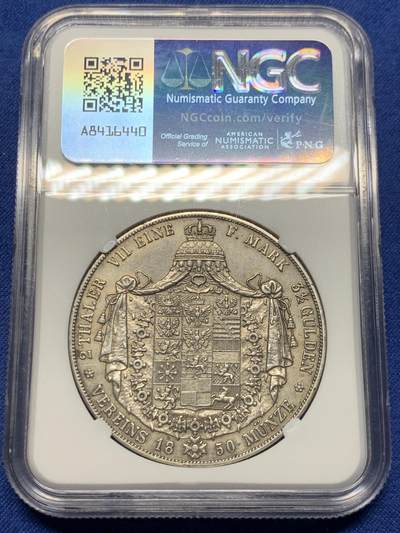 《竞宝斋》第409场 周日，周一，2场连拍 （全场包邮） NGC AU55 德国 1850 普鲁士 2泰勒银币 普鲁士洋葱头大窗帘2泰勒银币37克大银币