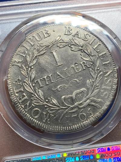 《竞宝斋》第409场 周日，周一，2场连拍 （全场包邮） PCGS AU 瑞士1765年巴塞尔IH版 1泰勒大银币 原味老包浆 细节丰富