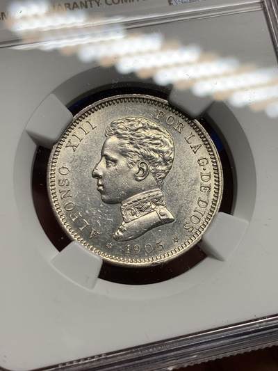 《竞宝斋》第409场 周日，周一，2场连拍 （全场包邮） NGC UNCD 西班牙1905阿方索十三世2比塞塔银币