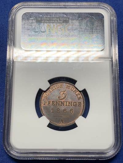 《竞宝斋》第409场 周日，周一，2场连拍 （全场包邮） NGC MS65BN 亚军分！德国普鲁士 1866A 3芬尼铜币，少见辅币，巧克力包浆，老盒严评GEM级分数，仅一枚更高分。