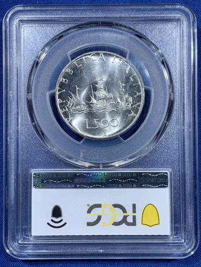 《竞宝斋》第409场 周日，周一，2场连拍 （全场包邮） PCGS MS65 意大利 1967年 500里拉 帆船少女银币