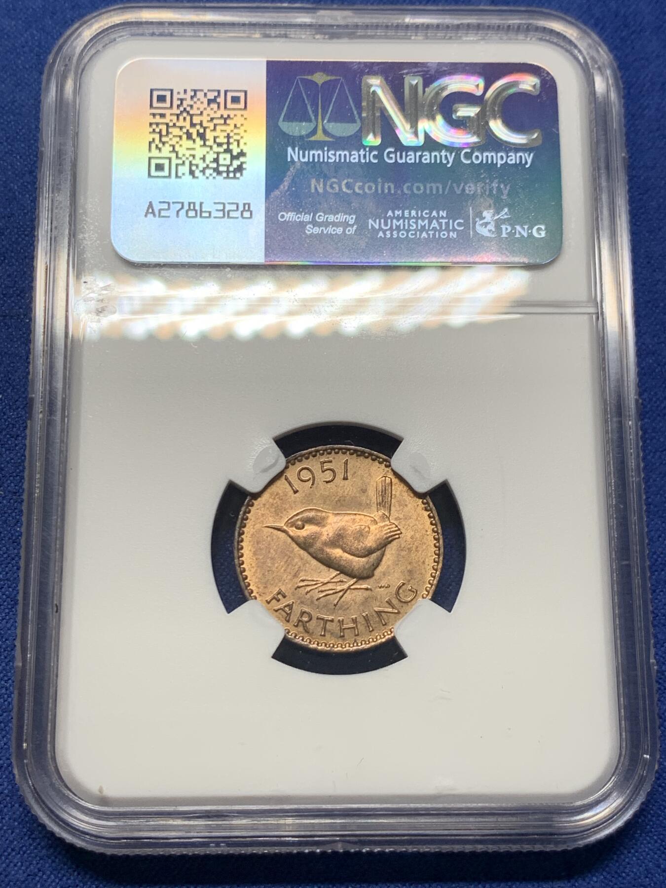 《竞宝斋》第409场 周日，周一，2场连拍 （全场包邮） NGC MS64RB 英国1951年乔治六世1/2便士铜币