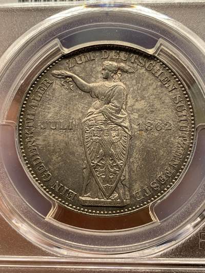 《竞宝斋》第409场 周日，周一，2场连拍 （全场包邮） PCGS PR63 1862年德意志法兰克福精制射击节泰勒，迄今为止精制射击节泰勒在N、P数据库中记录不超过10枚。醇厚的巧克力色包浆与紫罗兰淡彩相得益彰