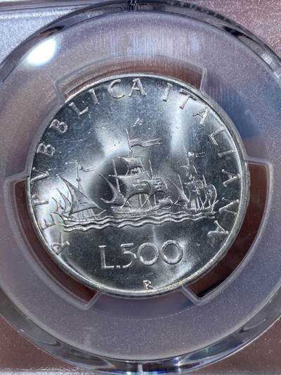 《竞宝斋》第409场 周日，周一，2场连拍 （全场包邮） PCGS MS65 意大利 1967年 500里拉 帆船少女银币