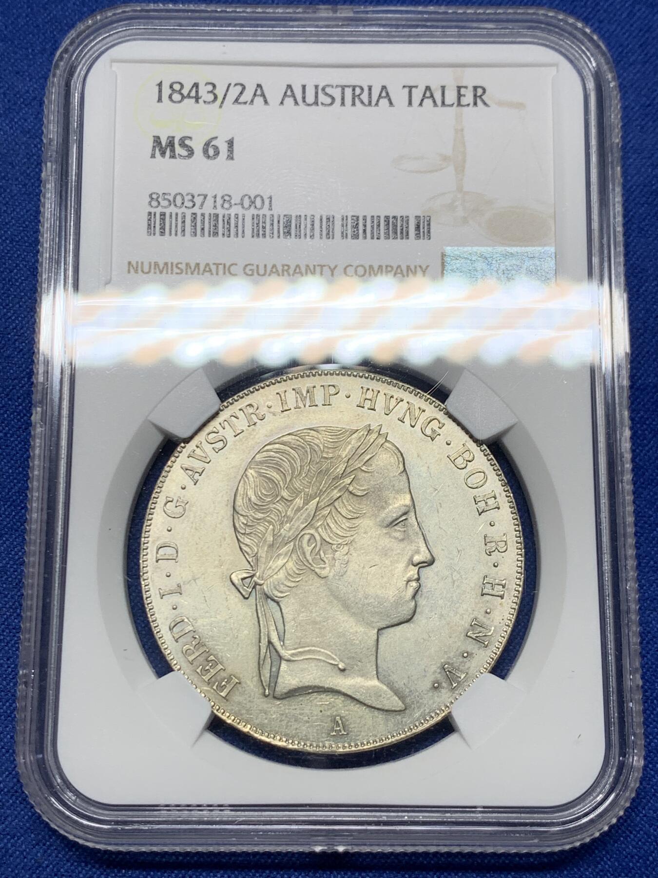 《竞宝斋》第409场 周日，周一，2场连拍 （全场包邮） NGC MS61 奥地利帝国 1843/2A 斐迪南一世 泰勒银币 唯一冠军分 不可多得的藏品