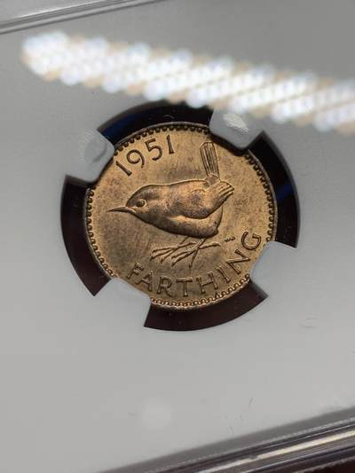 《竞宝斋》第409场 周日，周一，2场连拍 （全场包邮） NGC MS64RB 英国1951年乔治六世1/2便士铜币