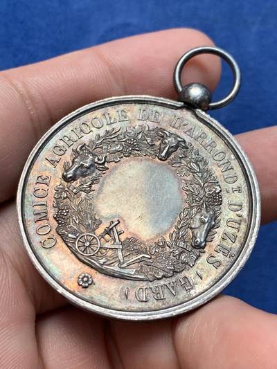 《竞宝斋》第409场 周日，周一，2场连拍 （全场包邮） 法国农业协会银章 950银 带吊环重约33.8克 41.9mm 蜜蜂银标
