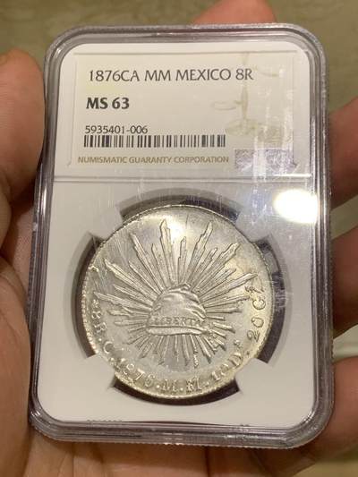 《竞宝斋》第409场 周日，周一，2场连拍 （全场包邮） NGC MS63 墨西哥 1876 CA MM 鹰洋 8瑞尔 高分极少，亚军分，同分3，更高分2。