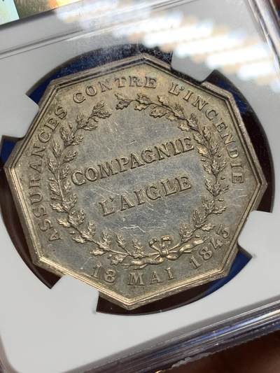 《竞宝斋》第409场 周日，周一，2场连拍 （全场包邮） NGC MS61 法国拿破仑鹰火灾保险 八角银质代币，少见款