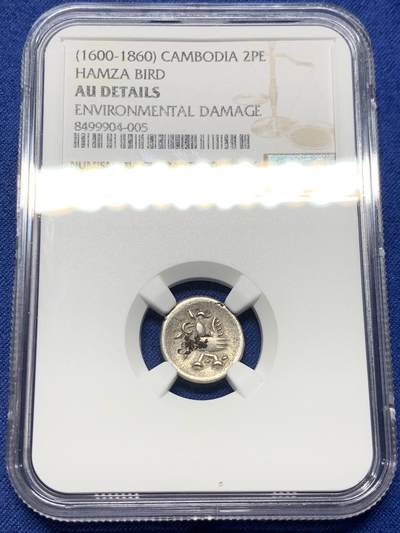 《竞宝斋》第409场 周日，周一，2场连拍 （全场包邮） - NGC AU 1600-1860 柬埔寨 神鸟小鸟 2PE 打制银币 老包浆