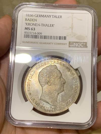 《竞宝斋》第409场 周日，周一，2场连拍 （全场包邮） 亚军分 NGC MS63 德国 1836年 巴登利奥波德关税同盟大泰勒 铸造量只有1.8万枚左右，顶级收藏分数