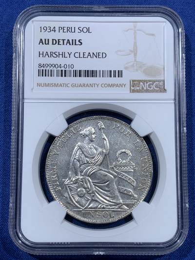 《竞宝斋》第409场 周日，周一，2场连拍 （全场包邮） - NGC AU 1934 秘鲁 一索尔 银币 老包浆