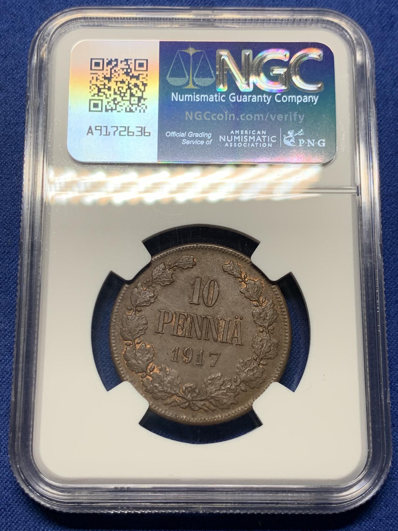 《竞宝斋》第409场 周日，周一，2场连拍 （全场包邮） NGC MS62BN 俄占芬兰1917年克伦斯基临时政府无皇冠双头鹰10盆尼铜币