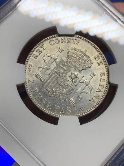 《竞宝斋》第409场 周日，周一，2场连拍 （全场包邮） NGC UNCD 西班牙1905阿方索十三世2比塞塔银币