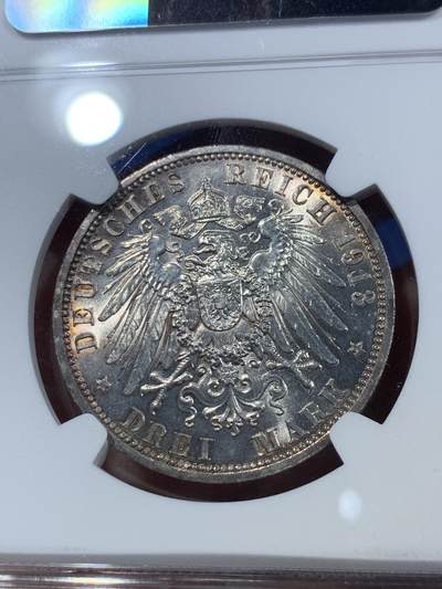 《竞宝斋》第409场 周日，周一，2场连拍 （全场包邮） NGC MS63 德国1913年普鲁士威廉二世花枝3马克银币 转光明显