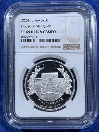 《竞宝斋》第409场 周日，周一，2场连拍 （全场包邮） NGC PF69UC 土耳其2024年 孟古耶克之家 20里拉精制纪念银币（带证书，限量发行3千枚，克重1盎司，925银，币径38.61MM，精工细繁雕刻）