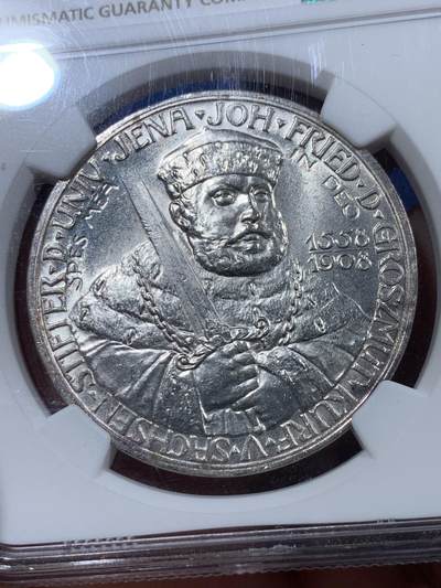 《竞宝斋》第409场 周日，周一，2场连拍 （全场包邮） NGC MS63 德国1908年耶拿大学5马克银币，发行量仅40000枚