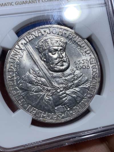 《竞宝斋》第409场 周日，周一，2场连拍 （全场包邮） NGC MS63 德国1908年耶拿大学5马克银币，发行量仅40000枚