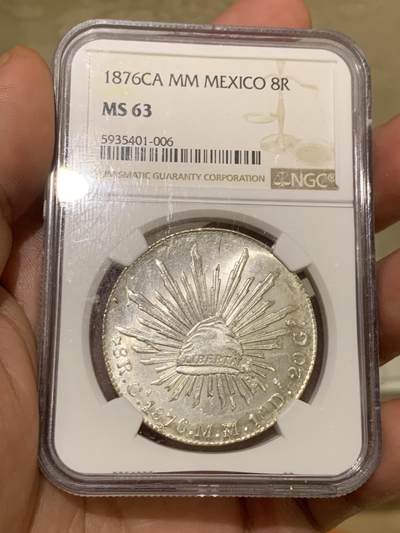《竞宝斋》第409场 周日，周一，2场连拍 （全场包邮） NGC MS63 墨西哥 1876 CA MM 鹰洋 8瑞尔 高分极少，亚军分，同分3，更高分2。