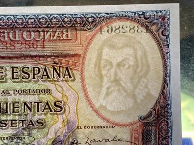 《竞宝斋》第409场 周日，周一，2场连拍 （全场包邮） PMG 67EPQ 西班牙1935年版500比塞塔纸币，西班牙第二共和国大名誉品种，绝品超高分，此等分数西班牙国内都难得一见！背面印有西班牙第二共和国国徽，此品种纸币设计精美深受国内外藏家喜爱。