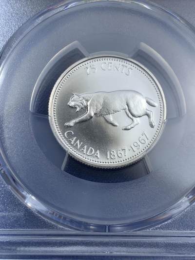 《竞宝斋》第409场 周日，周一，2场连拍 （全场包邮） PCGS PL66 高分 1967年加拿大建国百年纪念25分 非常漂亮的白币 币面光洁 浮雕感很强 豹子图案