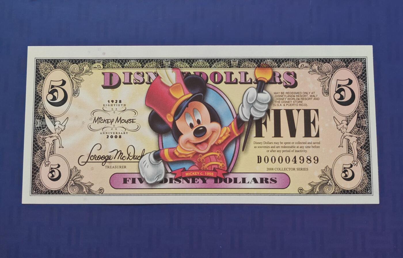 美国 迪士尼纪念钞 2008年 80周年纪念 5 全新UNC