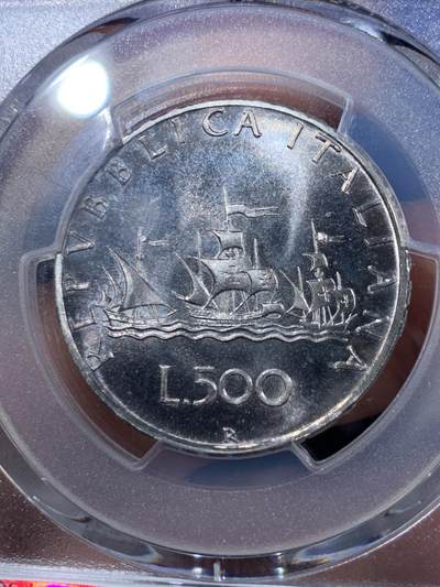 《竞宝斋》第409场 周日，周一，2场连拍 （全场包邮） PCGS MS67 意大利500里拉银币 1968文艺复兴风格少女 卷拆车轮光高分！带淡彩，PL状态！