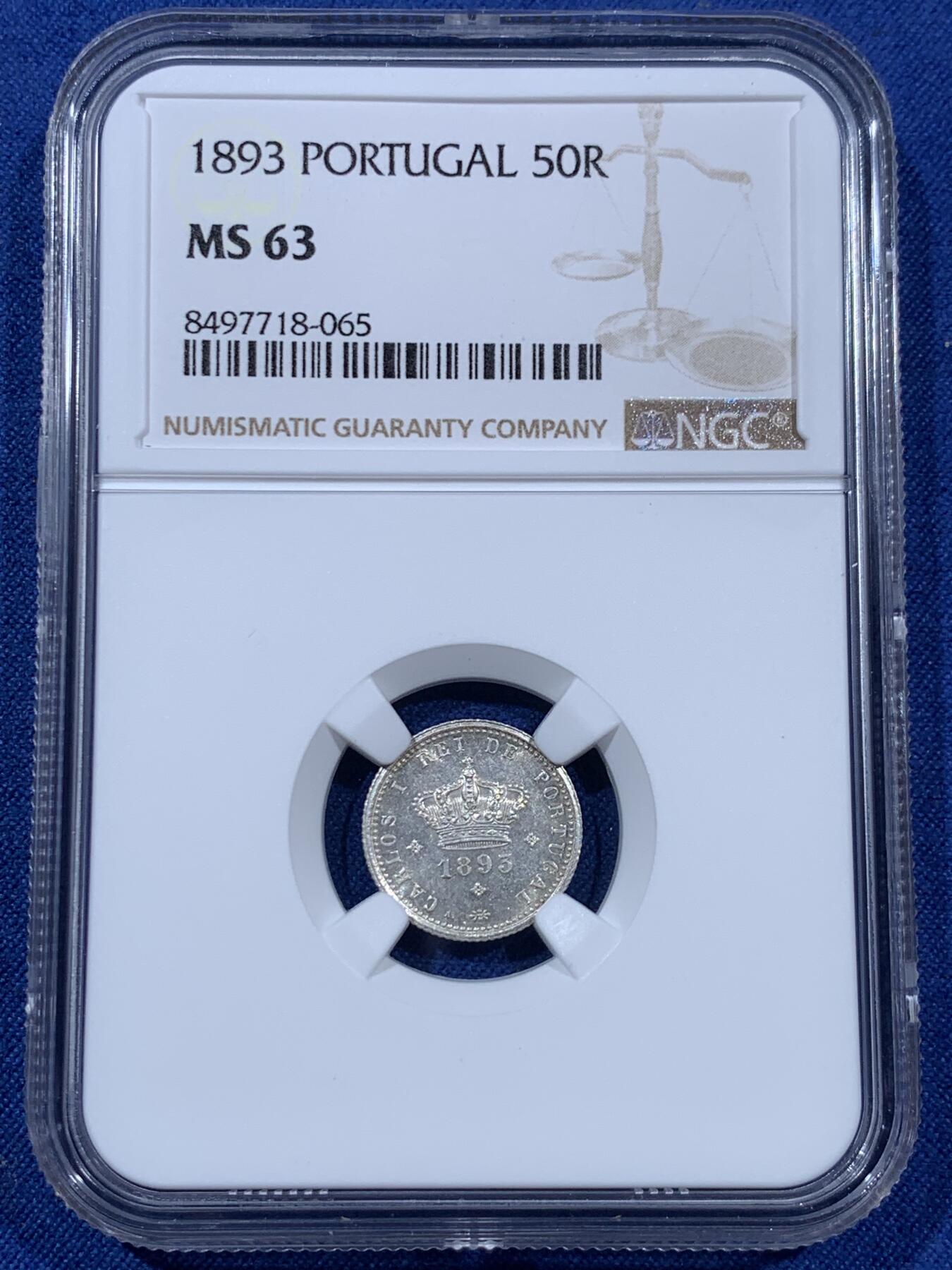 《竞宝斋》第409场 周日，周一，2场连拍 （全场包邮） NGC MS63 葡萄牙1893年卡洛斯一世50R银币