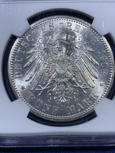 《竞宝斋》第409场 周日，周一，2场连拍 （全场包邮） NGC MS63 德国1908年耶拿大学5马克银币，发行量仅40000枚