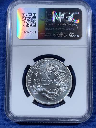 《竞宝斋》第409场 周日，周一，2场连拍 （全场包邮） NGC MS69 意大利2012年发行的里拉的诞生（货币统一150周年）5欧元纪念银币（盒证齐全，限量7千枚，18克925银，32MM）