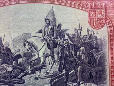 《竞宝斋》第409场 周日，周一，2场连拍 （全场包邮） PMG 67EPQ 西班牙1935年版500比塞塔纸币，西班牙第二共和国大名誉品种，绝品超高分，此等分数西班牙国内都难得一见！背面印有西班牙第二共和国国徽，此品种纸币设计精美深受国内外藏家喜爱。